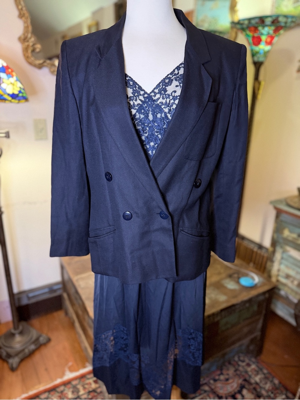 Liz Claiborne Double-Breasted Navy Blazer w/ Vintage Lace Appliqué Slip Dress
